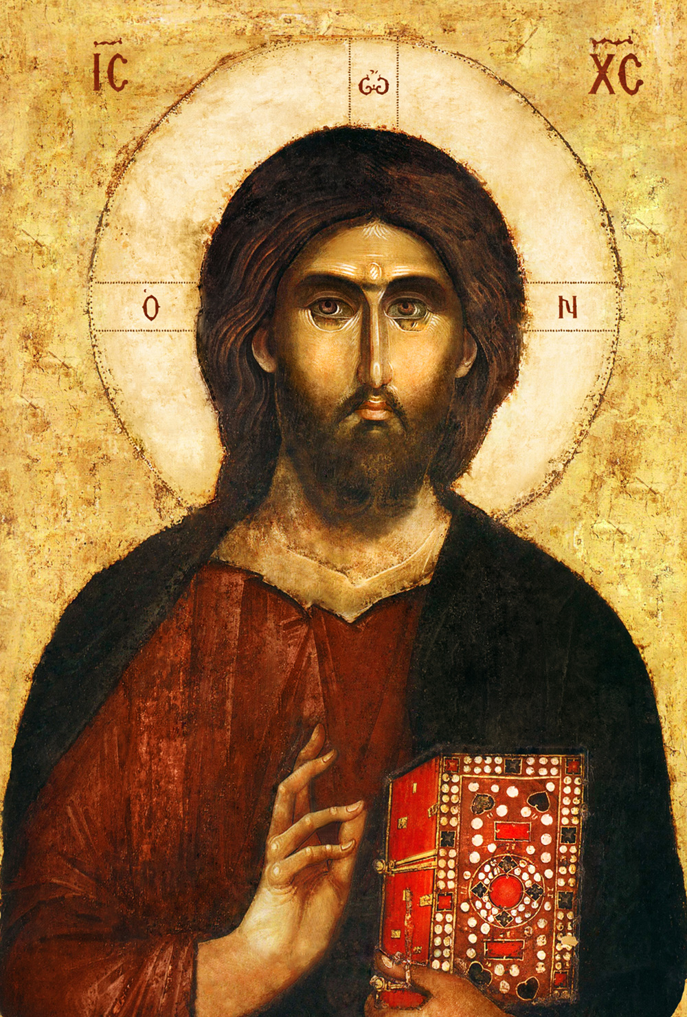 Iisus Hristos Pantocrator, icoană aflată la Mânăstirea sârbească Hilandar, din Muntele Athos, Grecia. Datare: cca.1260-1277