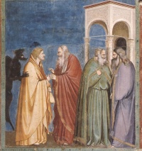 Viaţa lui Iisus, Iuda primind plata pentru trădarea sa- Giotto di Bondone, sec 13-14, Cappella Scrovegni a Padova