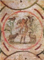 Il Buon Pastore dipinto nelle catacombe di Priscilla, cubicolo della velatio, metà del III secolo.jpg